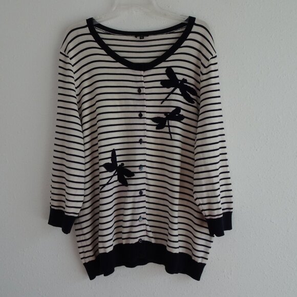 Talbots Dragonfly Cardigan Sweater Women's Plus Size 3X Black White Stripe - Picture 2 of 8